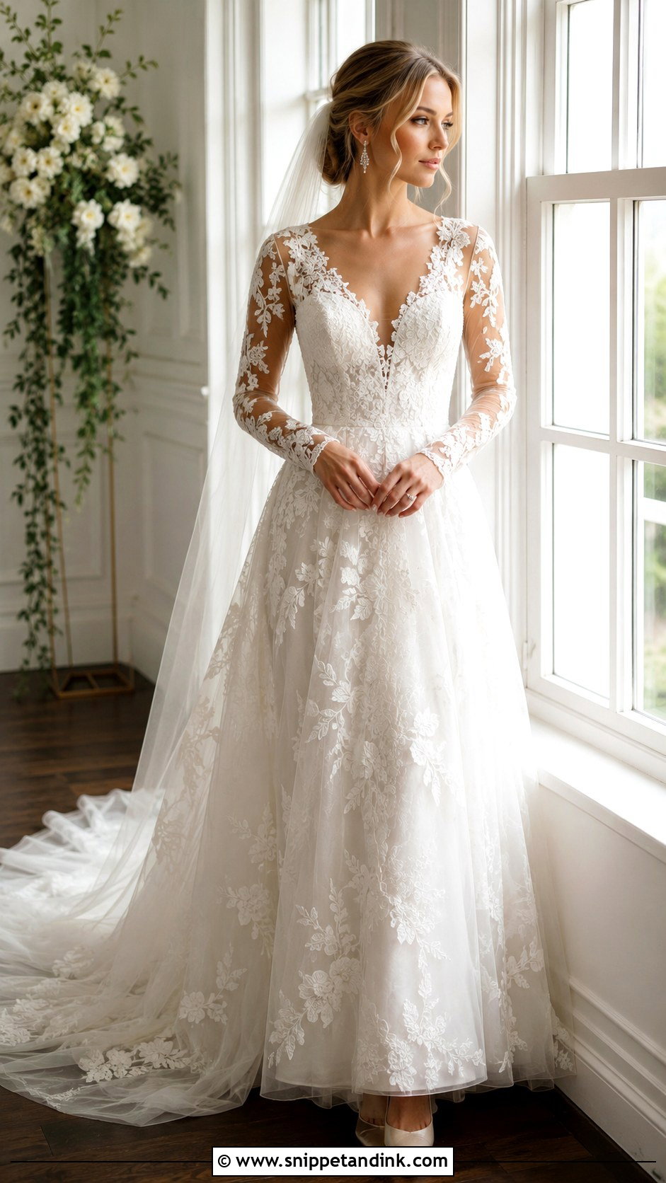 V Neck Long Sleeve Illusion Bridal Dress - Snippet and Ink - 20 Long Sleeve Bridal Dresses
