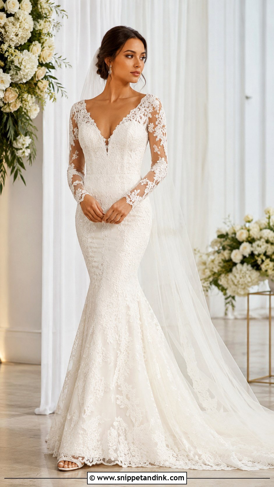 V Neck Long Sleeve Mermaid Wedding Dress - Snippet and Ink - 25 Long Sleeve Mermaid Wedding Dress Ideas