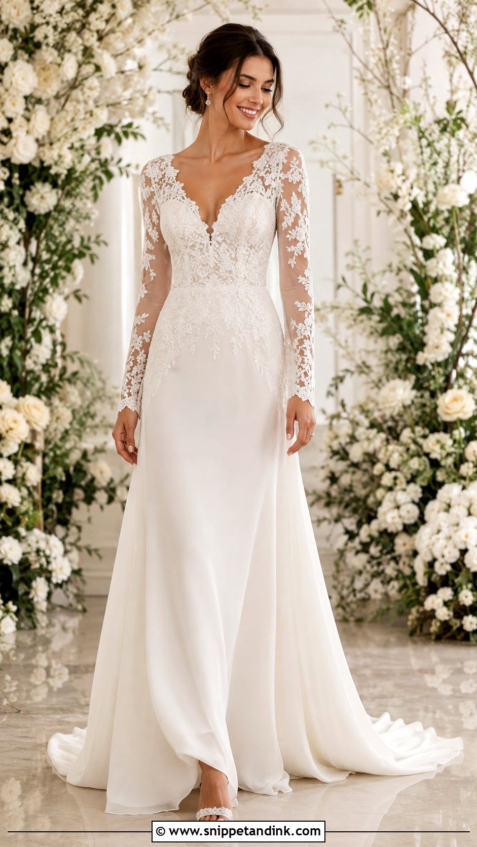 V Neck Long Sleeve Wedding Dress - Snippet and Ink - 25 Sleeved Wedding Dress Ideas