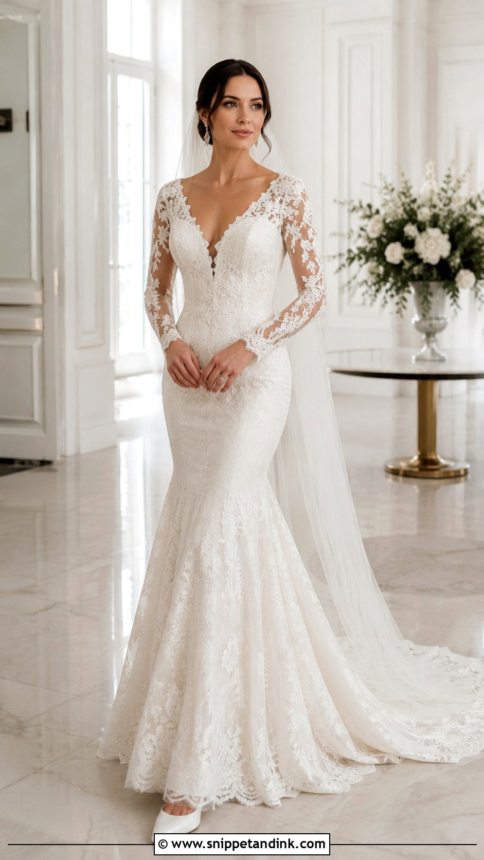 V Neck Mermaid Wedding Dress With Sleeves - Snippet and Ink - 30 Mermaid Wedding Dress with Sleeves