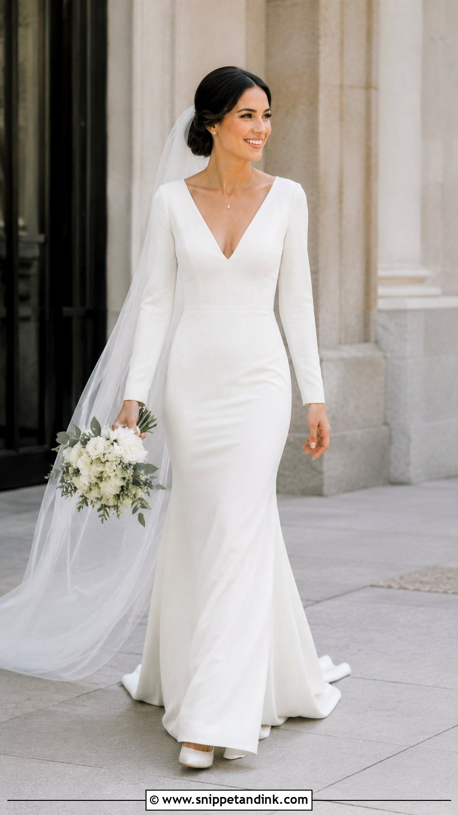 V Neck Minimal Long Sleeve Wedding Dress - Snippet and Ink - 20 Minimal Wedding Dress Long Sleeve Ideas