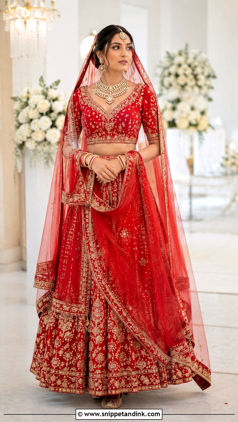 V Neck Red Bridal Blouse With Red Lehenga - Snippet and Ink - 20 Red Bridal Blouse Ideas