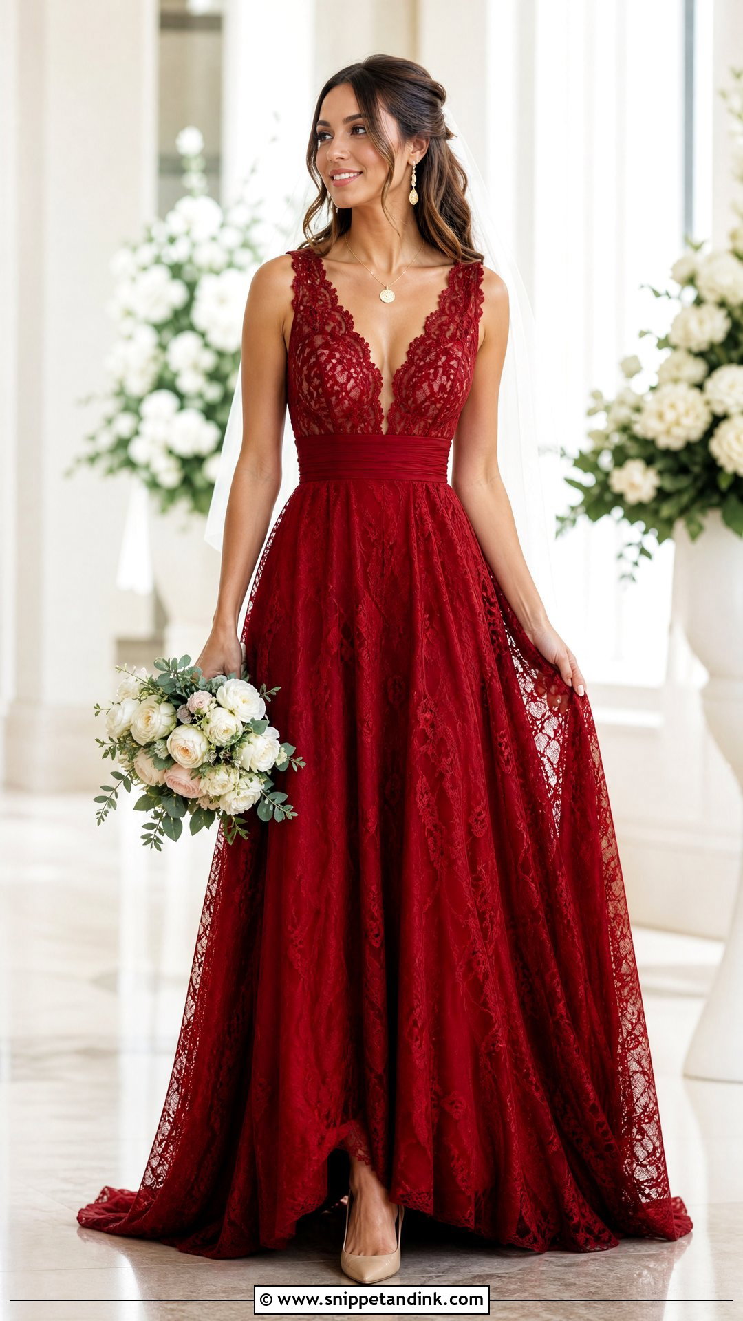 V Neck Red Lace Wedding Dress - Snippet and Ink - 20 Red Lace Wedding Dress Ideas