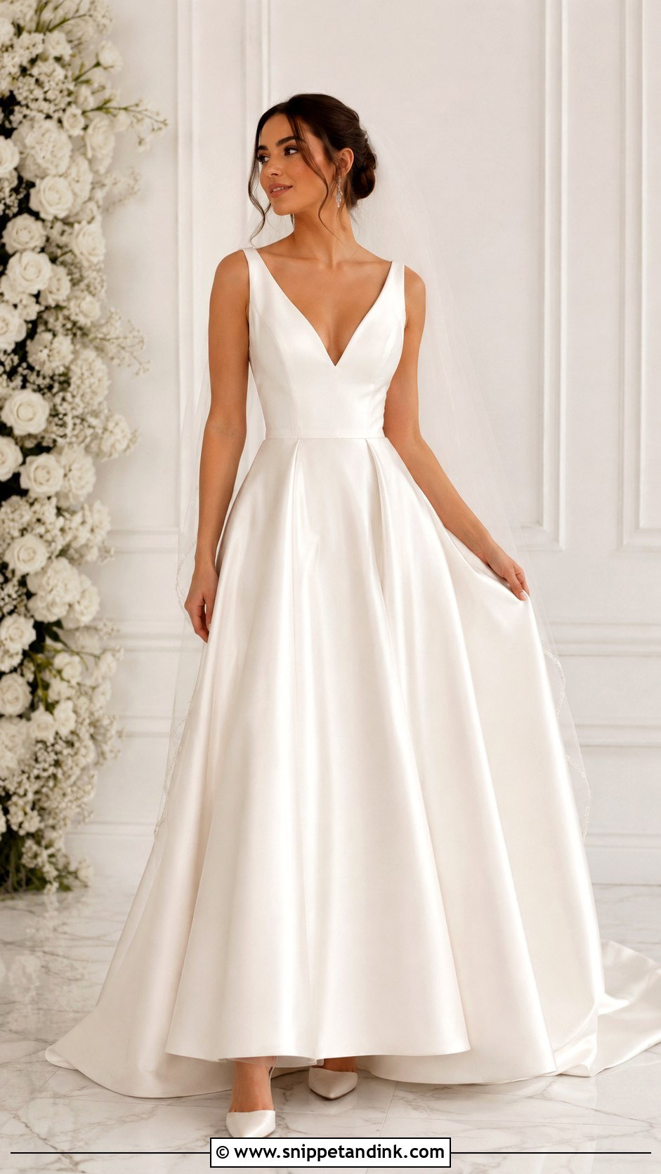 V Neck Satin Fit And Flare Wedding Dress - Snippet and Ink - 25 Satin Fit and Flare Wedding Dress Ideas