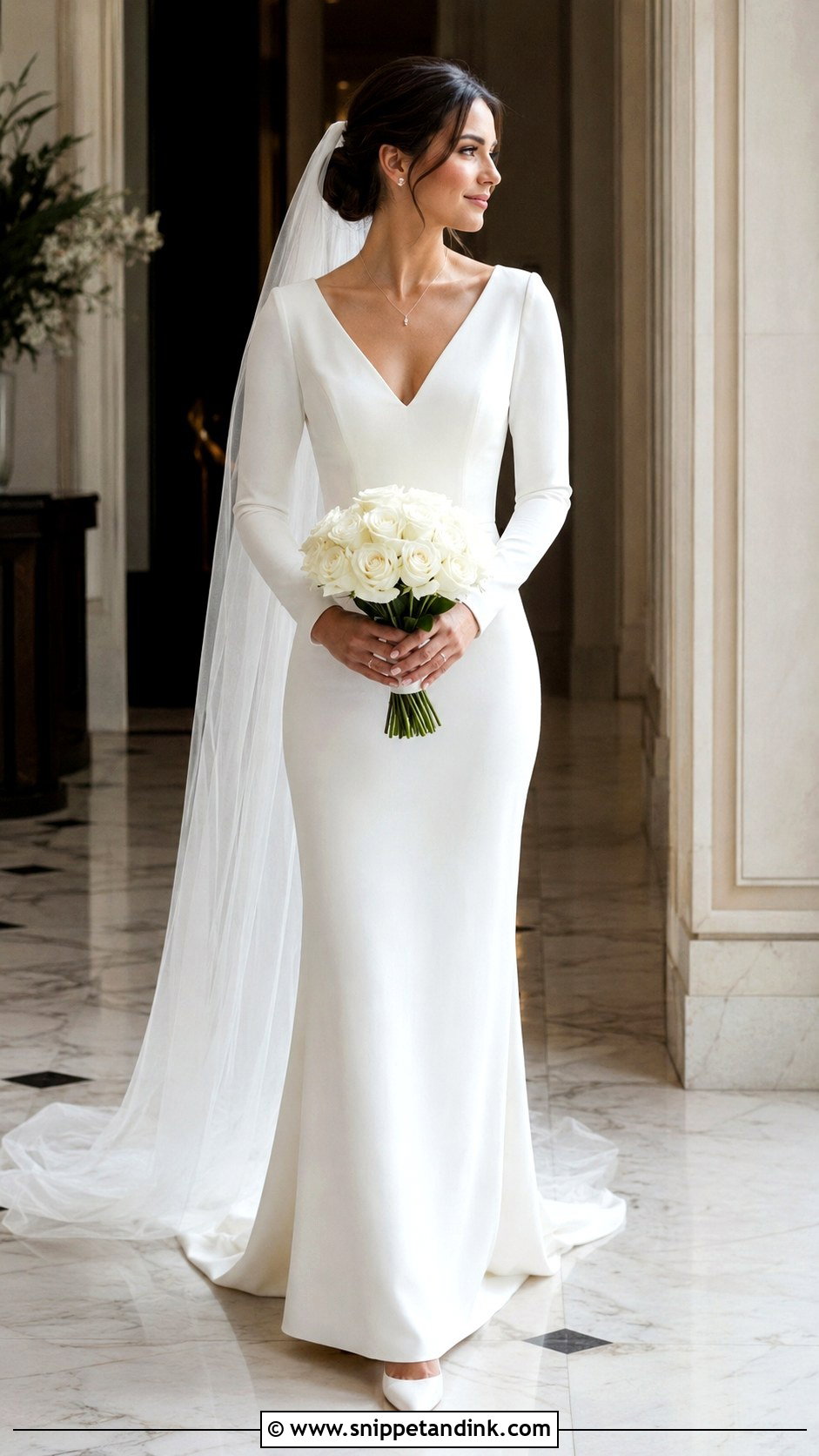 V Neck Sheath Long Sleeve Wedding Dress - Snippet and Ink - 20 Long Sleeve Minimalist Wedding Dress Ideas