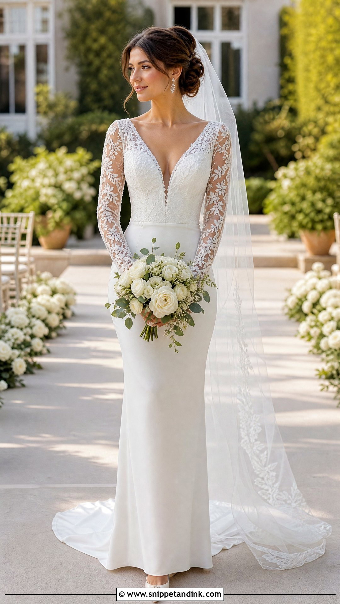 V Neck Sheath Wedding Dress With Lace Sleeves - Snippet and Ink - 20 Sheath Wedding Dress with Sleeves
