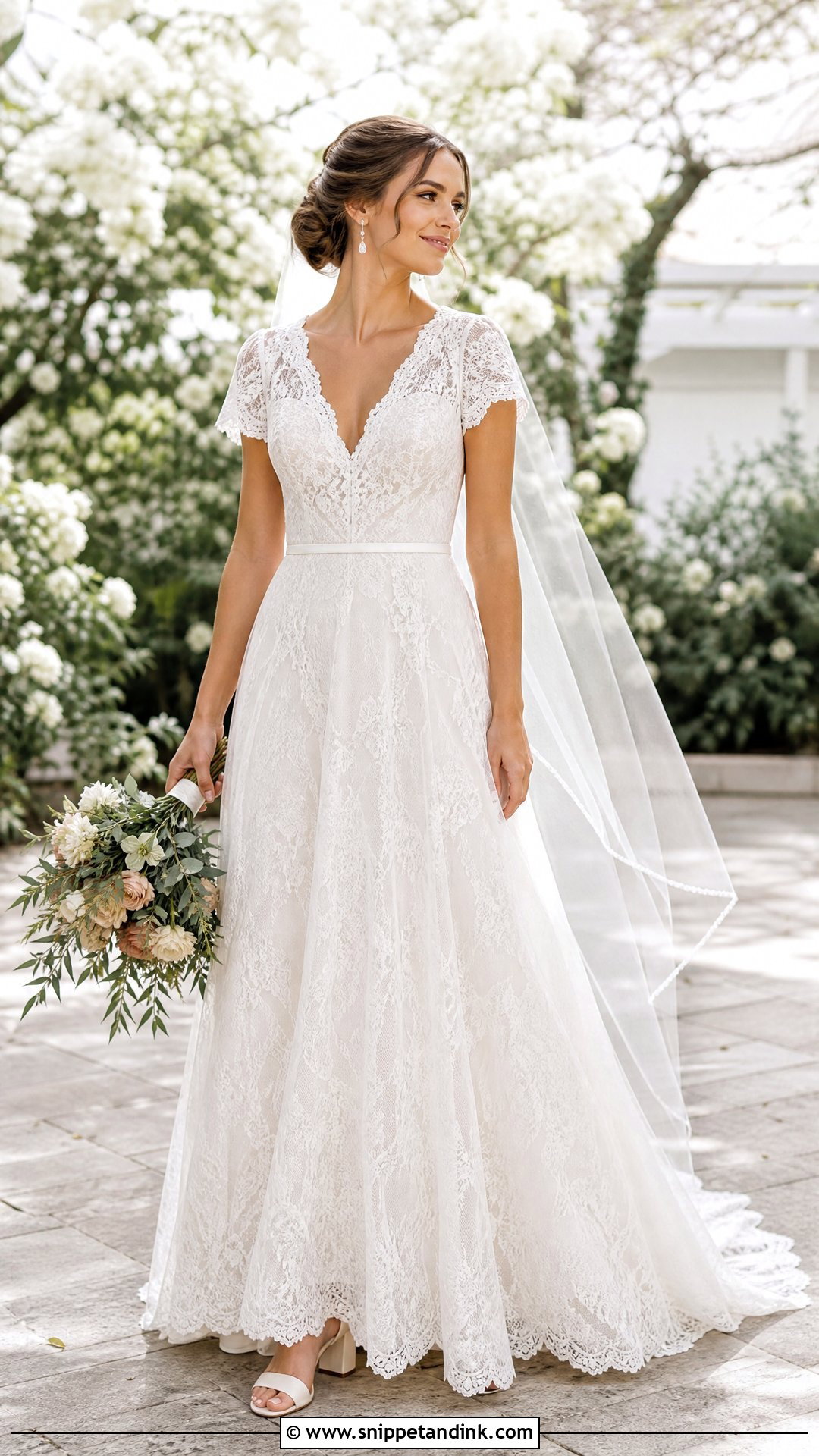 V Neck Short Sleeve Lace Wedding Dress - Snippet and Ink - 20 Short Sleeve Lace Wedding Dress Ideas