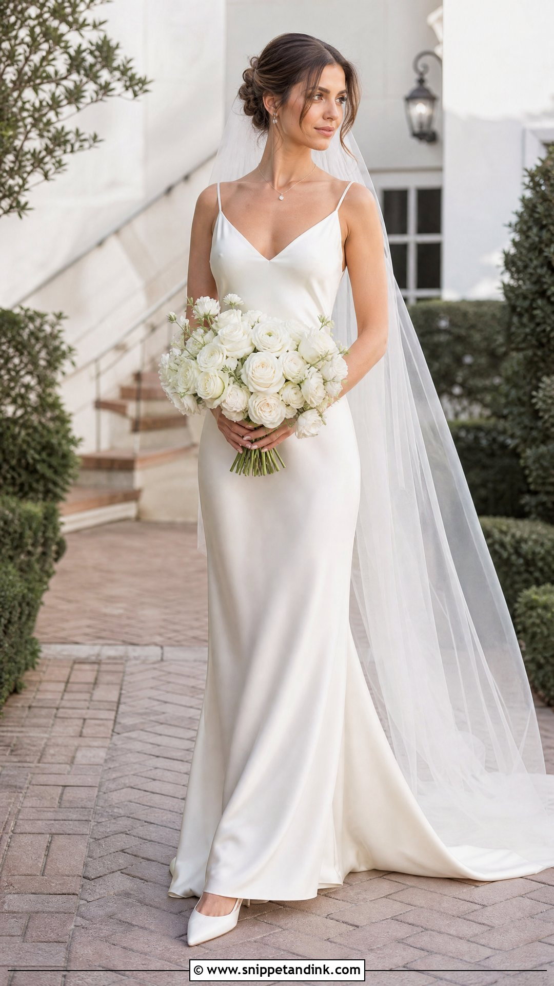 V Neck Silk Slip Wedding Dress With Chapel Veil - Snippet and Ink - 20 Silk Slip Wedding Dress Ideas