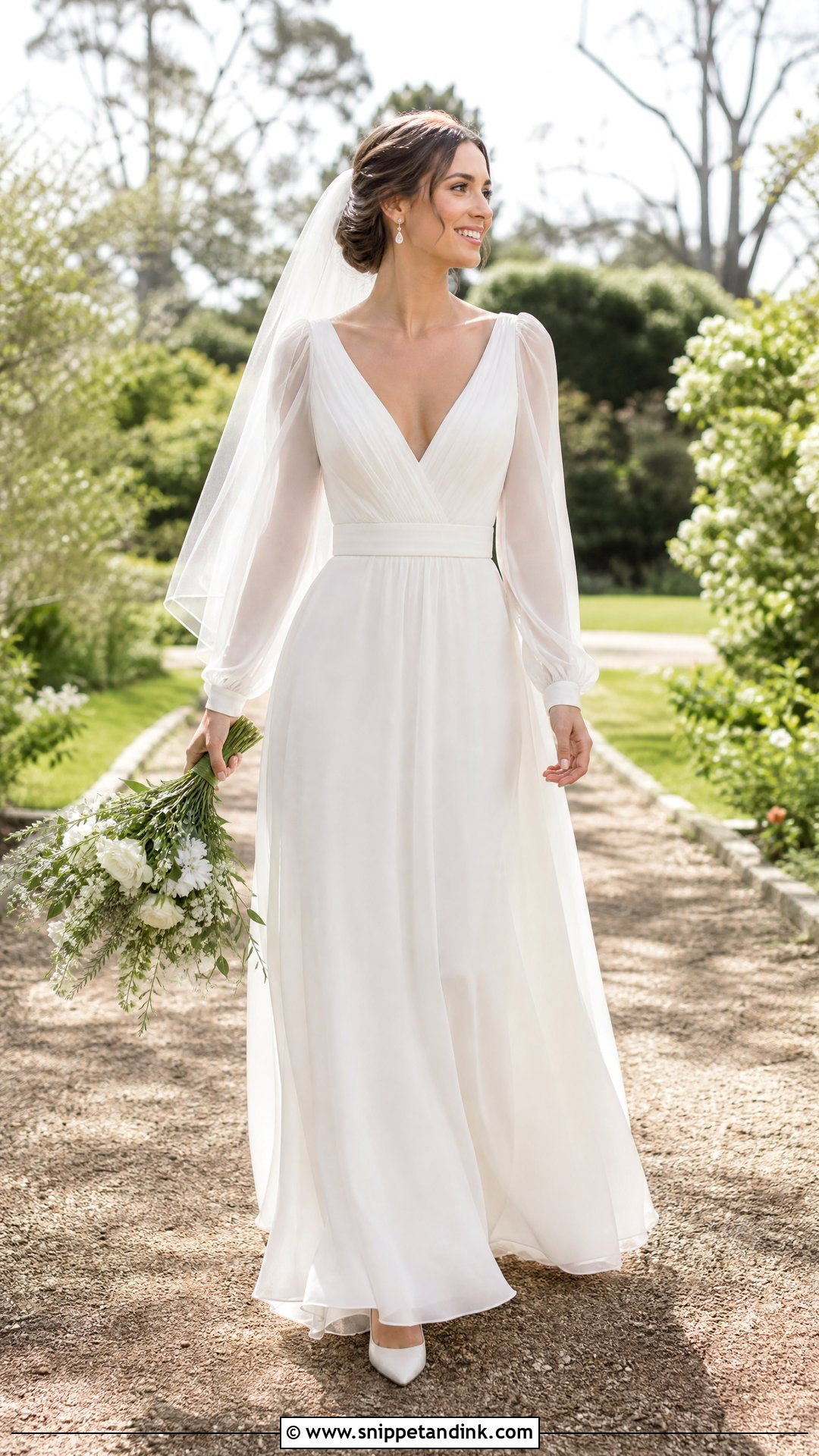V Neck Wedding Dress With Chiffon Sleeves - Snippet and Ink - 20 Wedding Dresses Flowy Sleeves