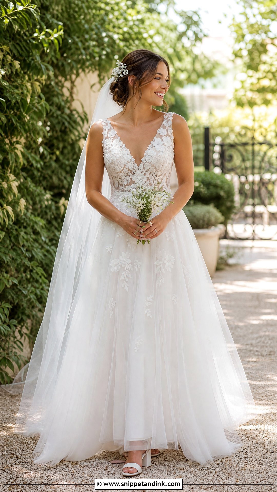 V Neck Wedding Dress With Floral Appliques - Snippet and Ink - 20 V Neckline Wedding Dress Ideas