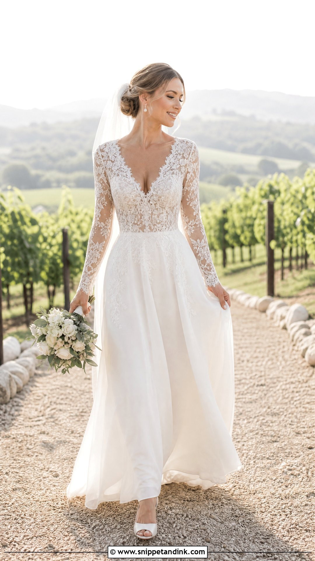 V Neck Wedding Dress With Lace Sleeves - Snippet and Ink - 20 Wedding Dresses with Lace Sleeves