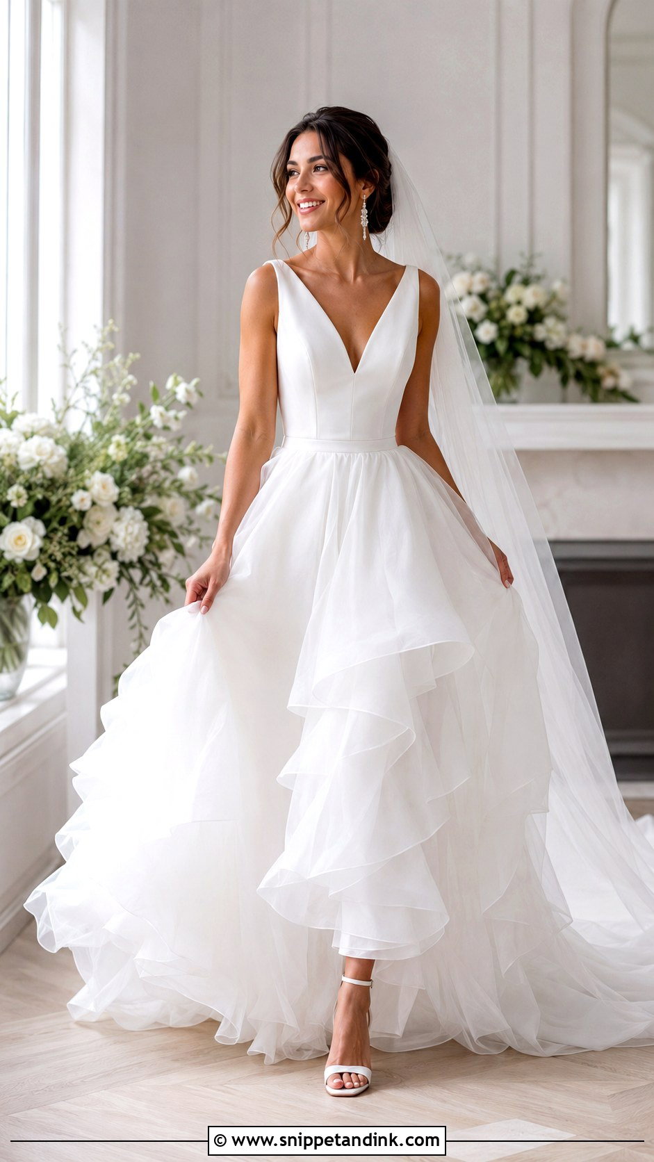 V Neck Wedding Dress With Layered Skirt - Snippet and Ink - 20 Inverted Triangle Wedding Dress Ideas