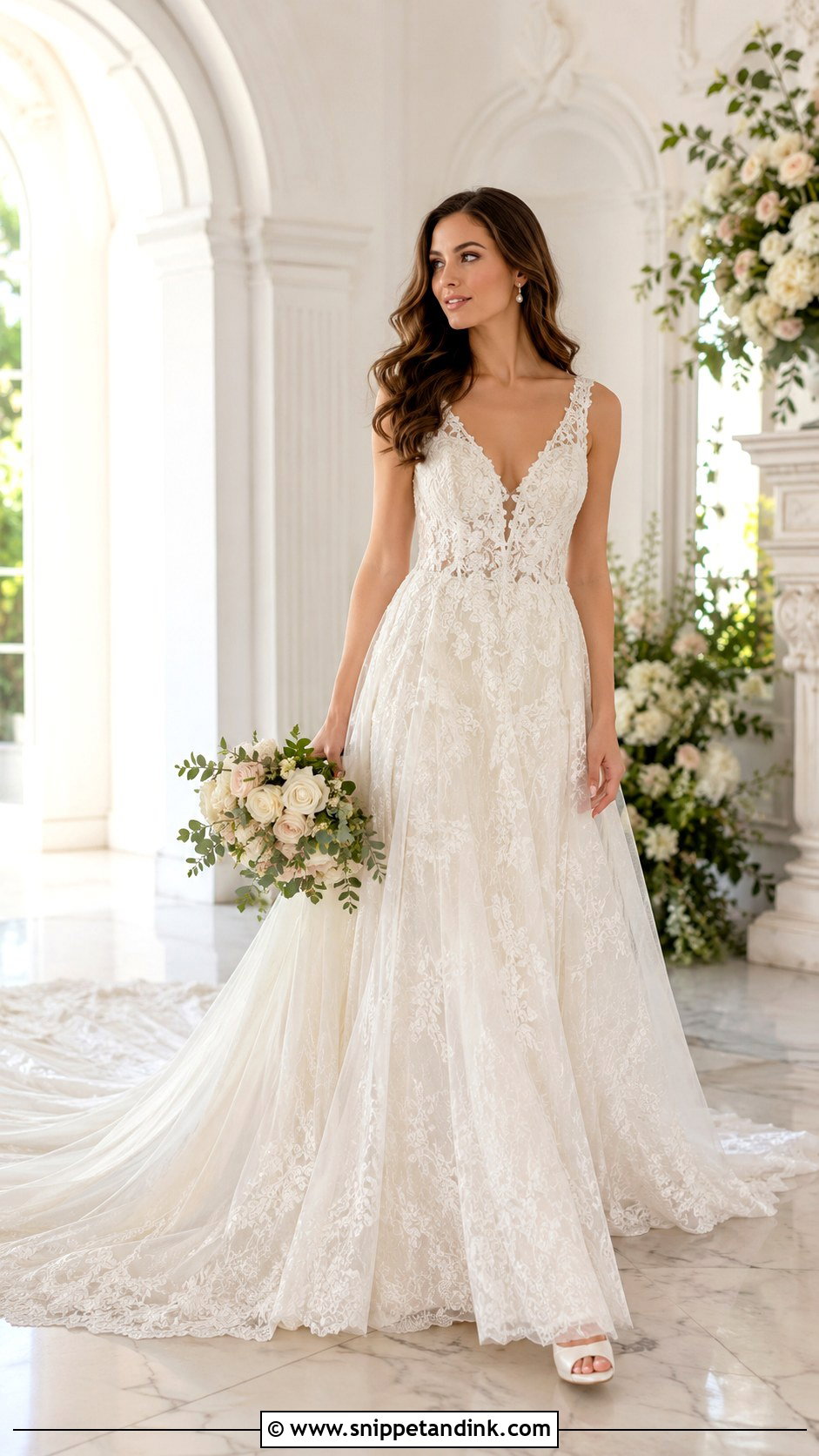 V Neck Wedding Dress With Long Train - Snippet and Ink - 25 Long Train Wedding Dress Ideas