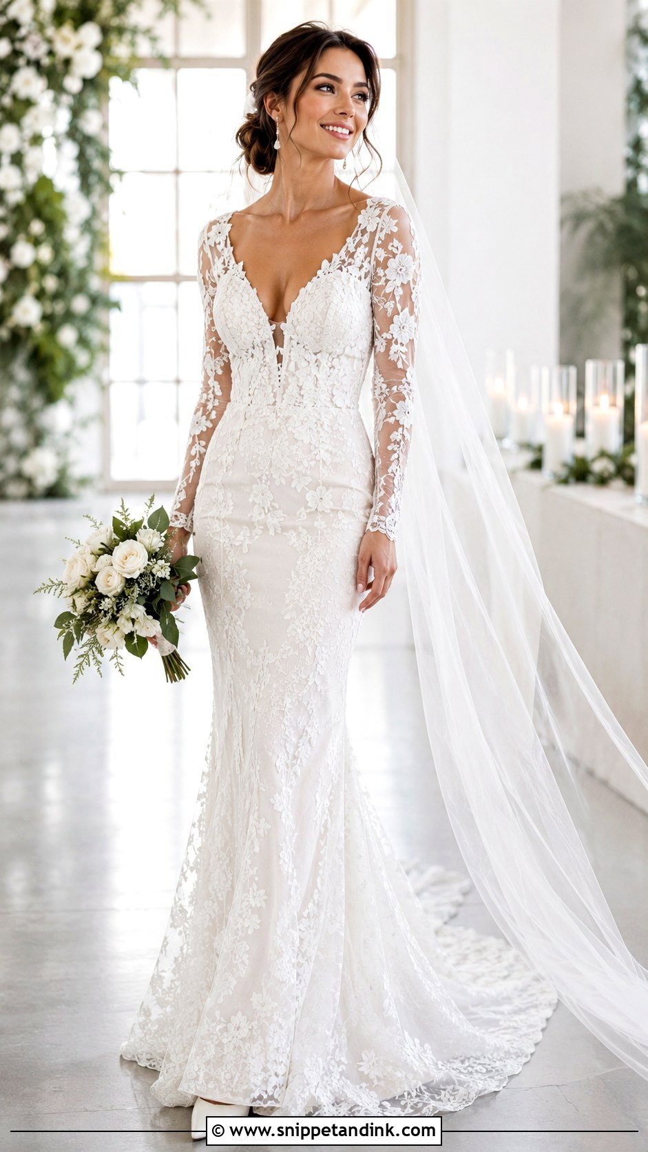 V Neck Wedding Dress With Sheer Lace Sleeves - Snippet and Ink - 20 Form Fitting Wedding Dress with Sleeves