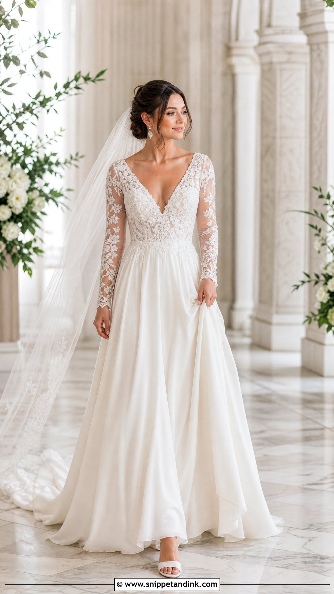 V Neck Wedding Dress With Sleeves - Snippet and Ink - 25 Timeless Wedding Dresses with Sleeves
