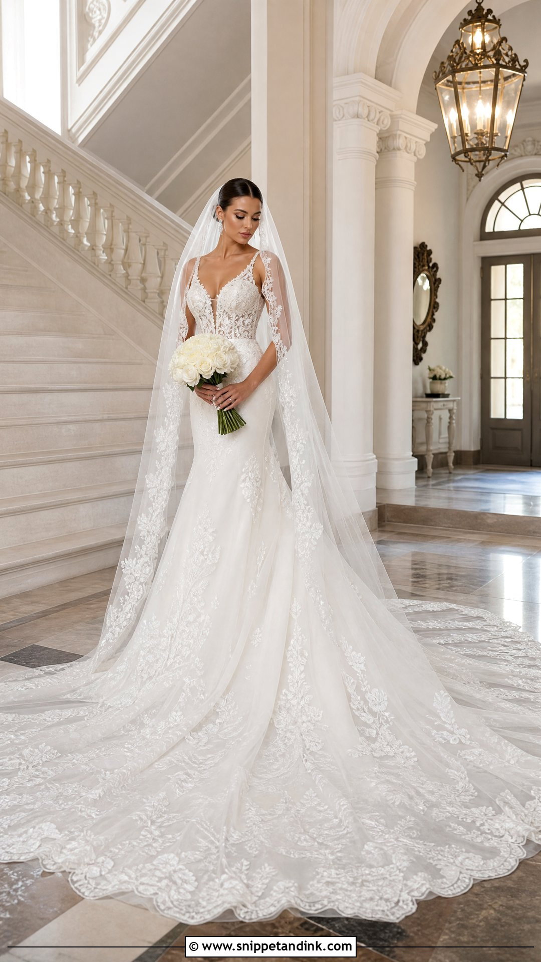 V Neck Wedding Gown With Cathedral Train - Snippet and Ink - 20 V Neck Wedding Gown Ideas