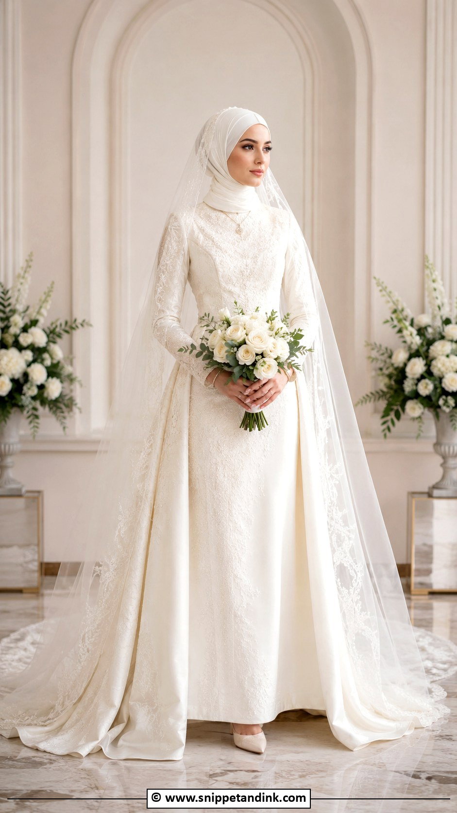Veil Bridal Hijab With Long Sleeve Dress - Snippet and Ink - 30 Bridal Hijab Styles