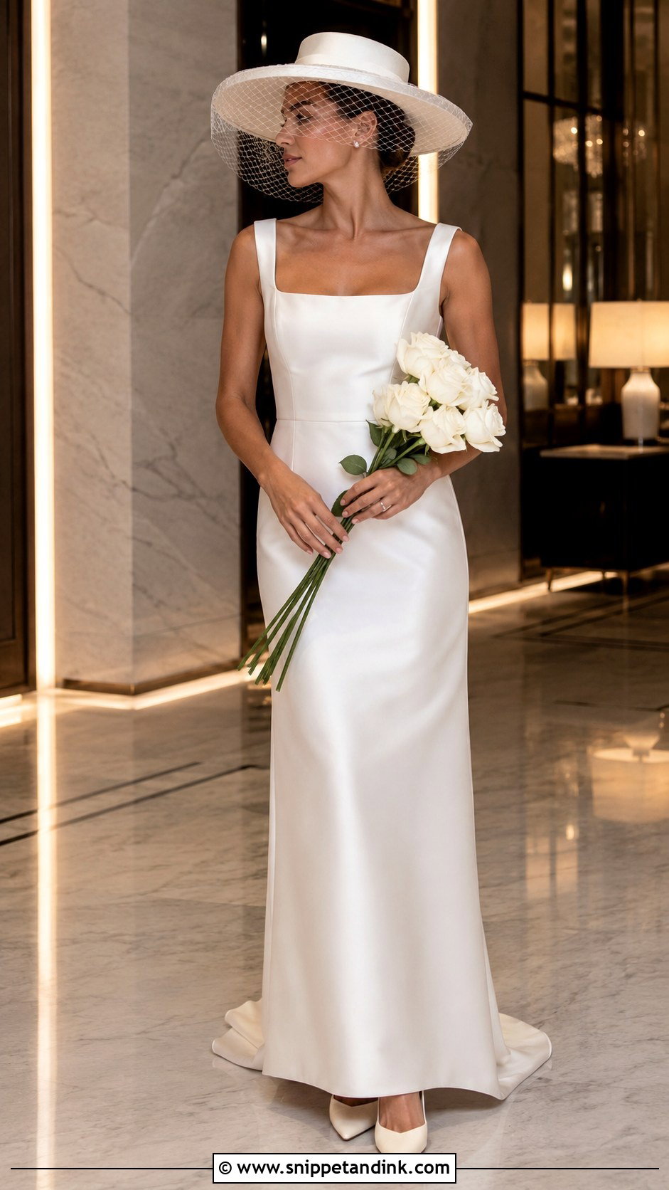 Veiled Bride Hat With Satin Gown - Snippet and Ink - 20 Bride with Hat Ideas