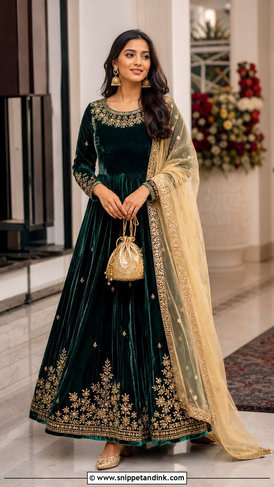 Velvet Anarkali Dress With Gold Dupatta - Snippet and Ink - 20 Grand Anarkali Dress Ideas