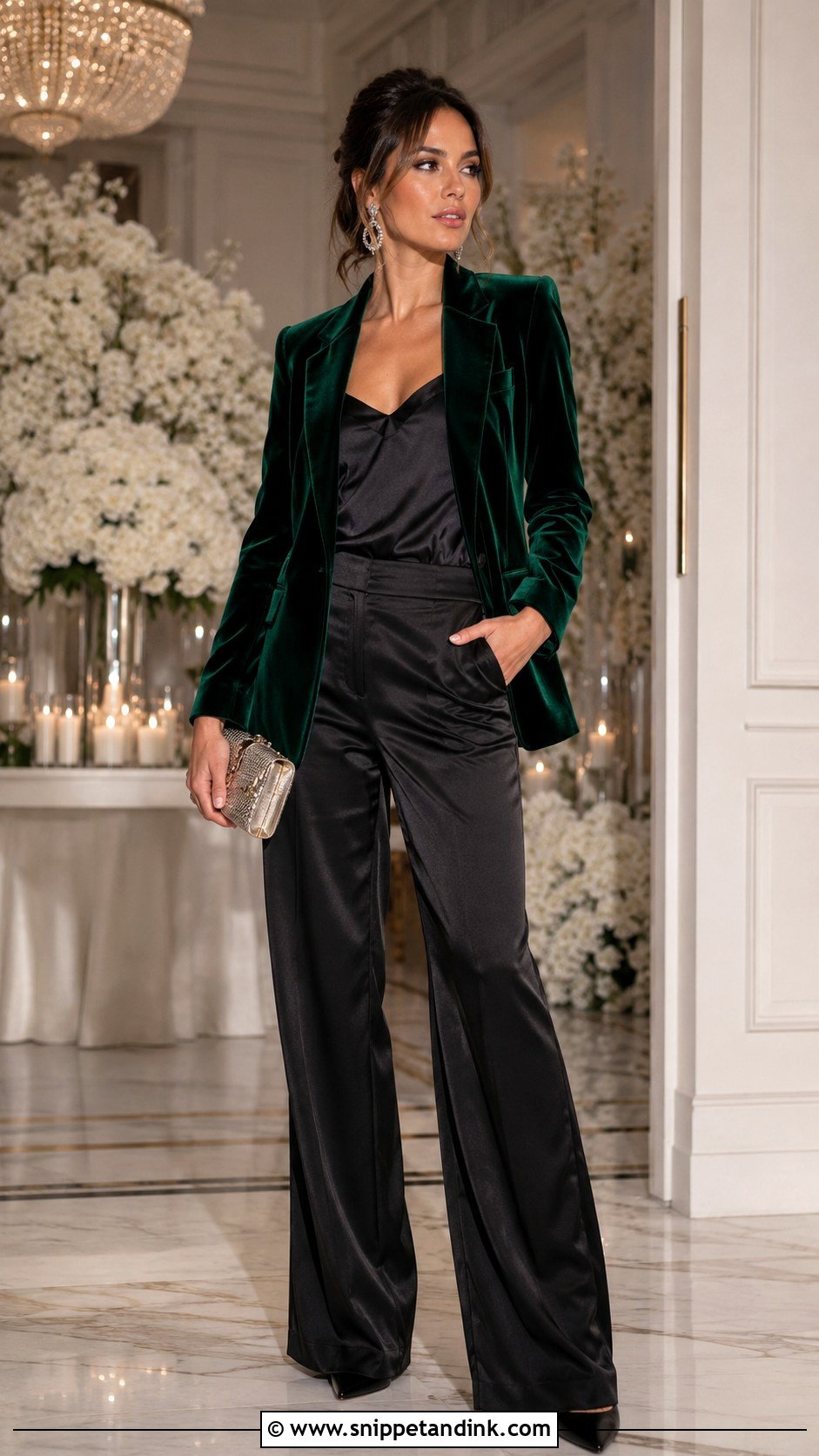 Velvet Blazer With Satin Trousers - Snippet and Ink - 20 Blazer Wedding Outfit Ideas