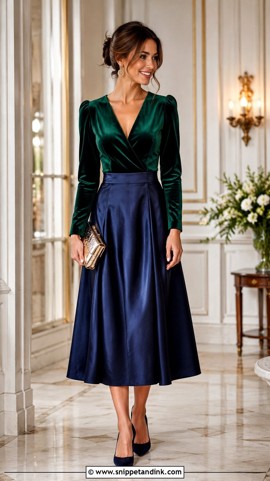 Velvet Blouse And Satin Midi Skirt Wedding Outfit - Snippet and Ink - 25 Blouse and Skirt Outfit Wedding Ideas