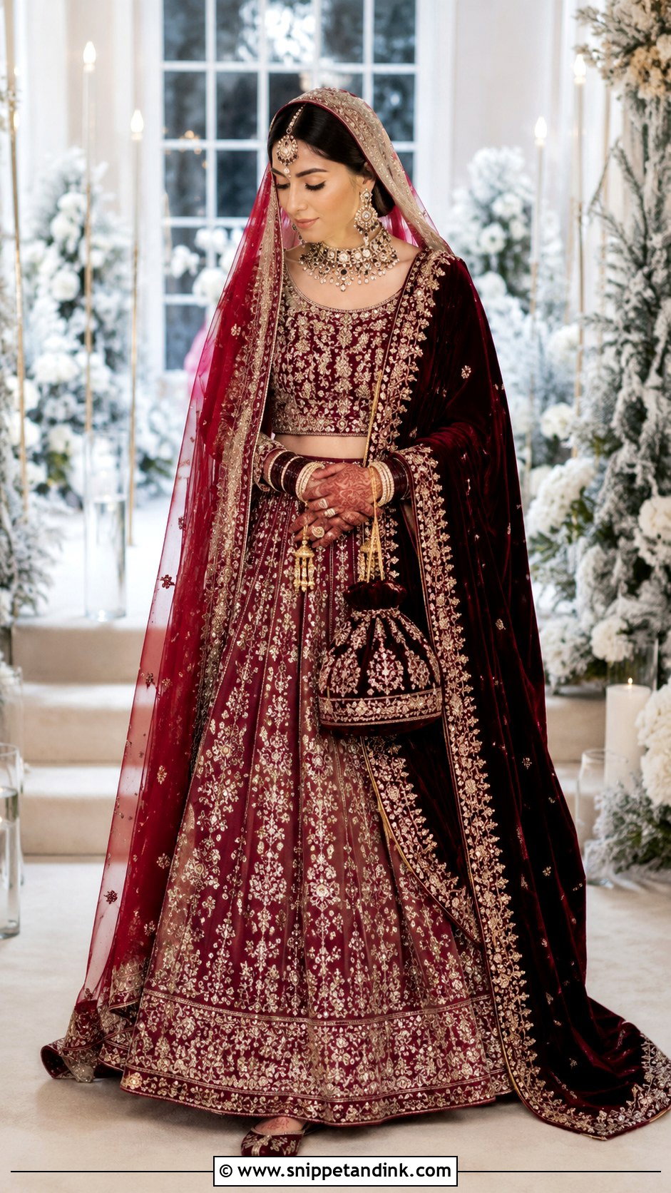 Velvet Bridal Chunri Dupatta With Winter Lehenga - Snippet and Ink - 20 Bridal Chunri Dupatta Ideas