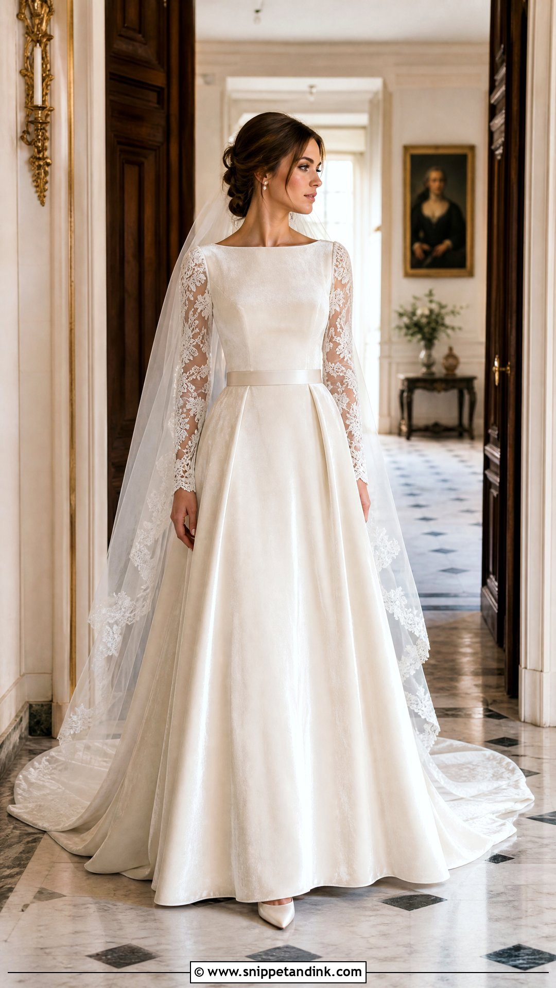 Velvet Bridal Dress With Lace Sleeves - Snippet and Ink - 20 Velvet Bridal Dress Ideas