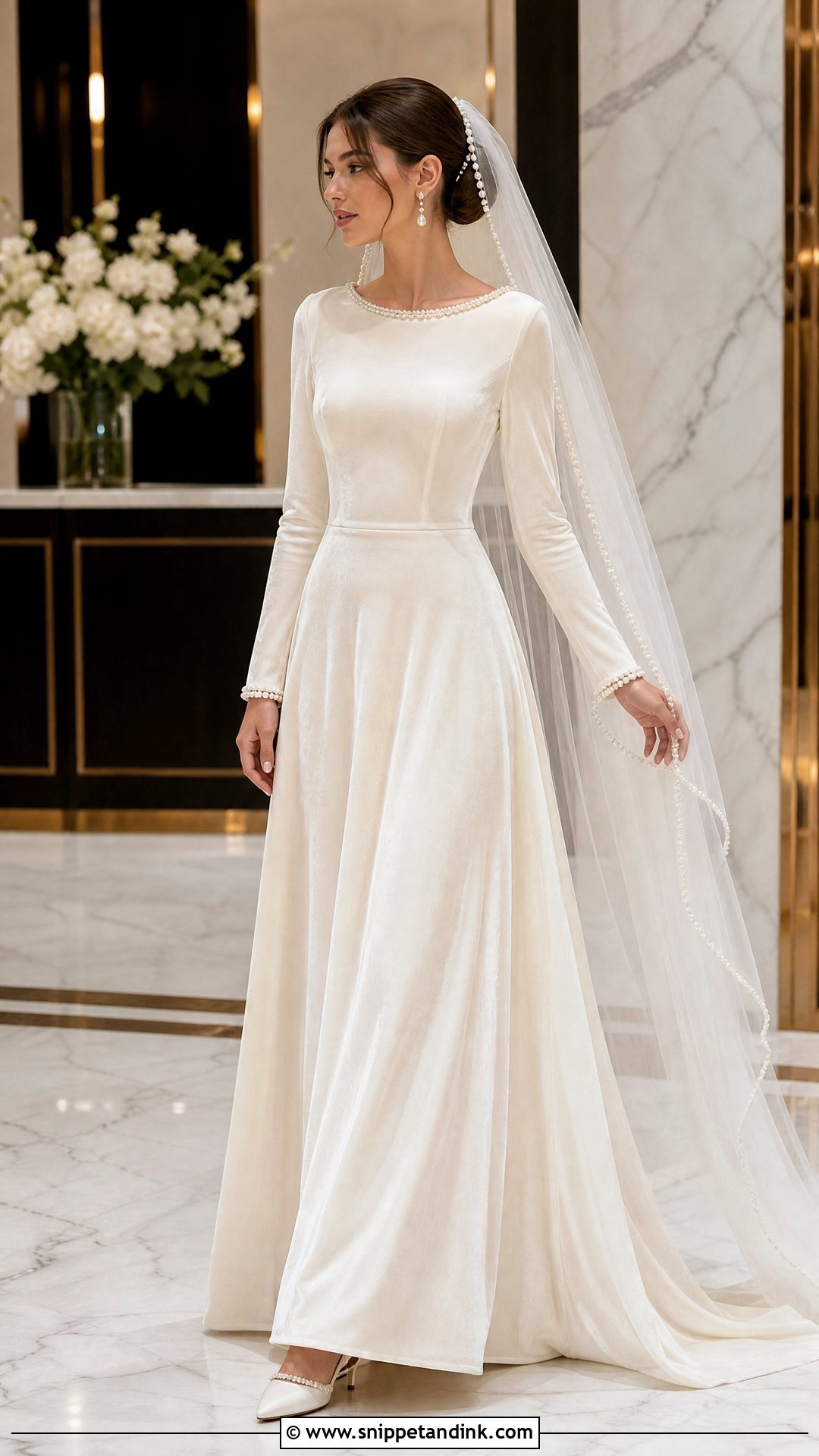 Velvet Bridal Dress With Pearl Details - Snippet and Ink - 20 Velvet Bridal Dress Ideas