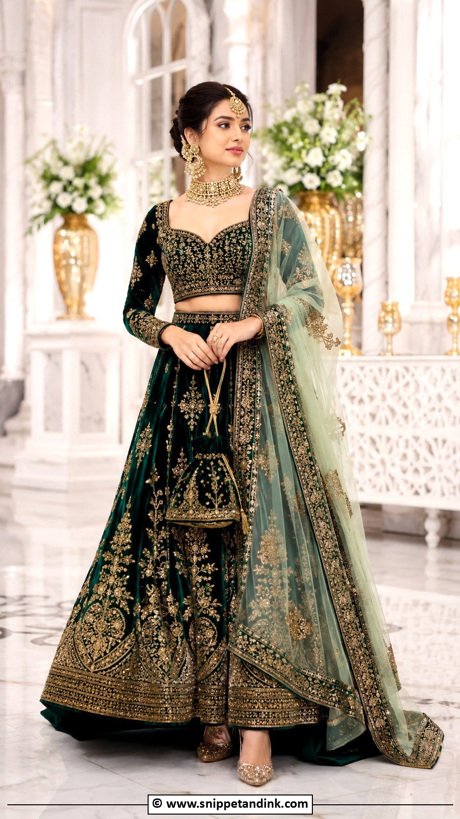 Velvet Bridal Lengha With Antique Gold Jewelry - Snippet and Ink - 30 Bridal Lengha Ideas