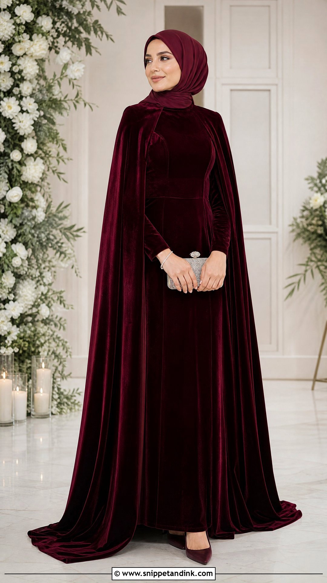 Velvet Cape Gown With Hijab - Snippet and Ink - 20 Hijabi Wedding Outfit Ideas