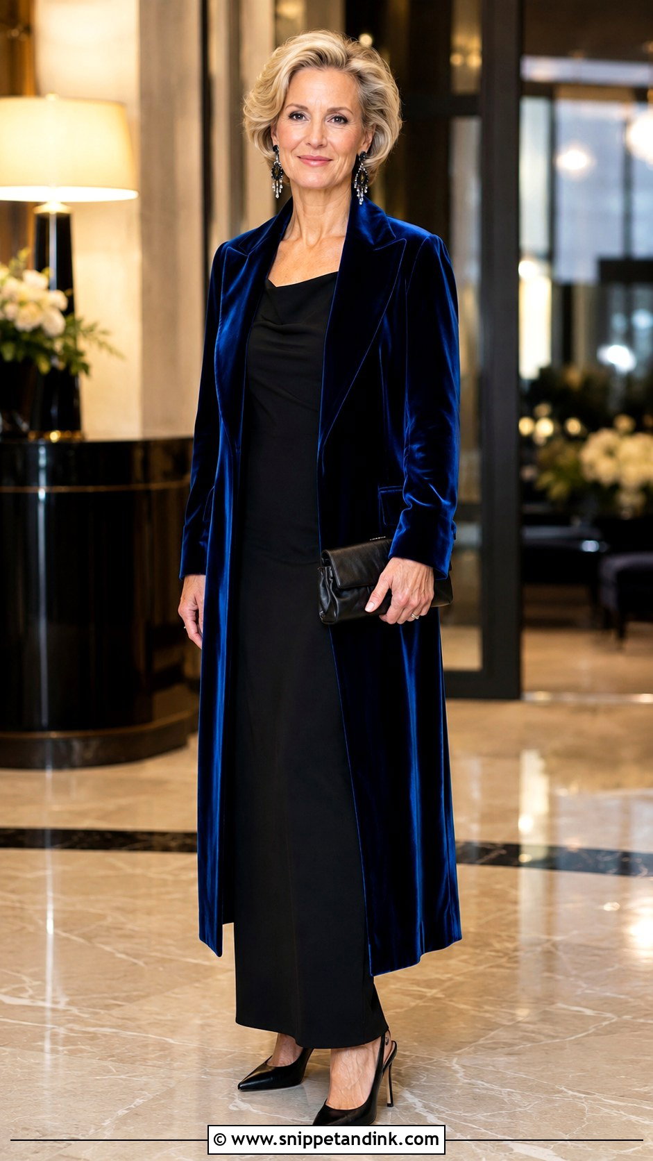 Velvet Coat With Black Column Dress - Snippet and Ink - 20 Formal Coats for Women Wedding Ideas