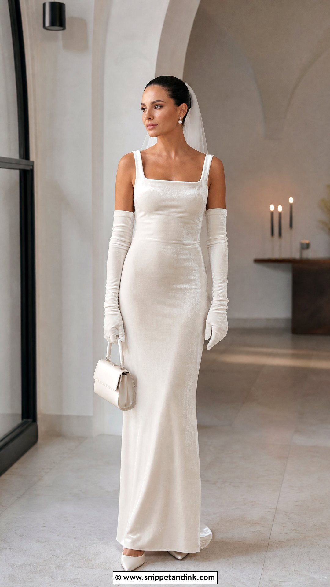 Velvet Column Bridal Dress With Gloves - Snippet and Ink - 20 Velvet Bridal Dress Ideas