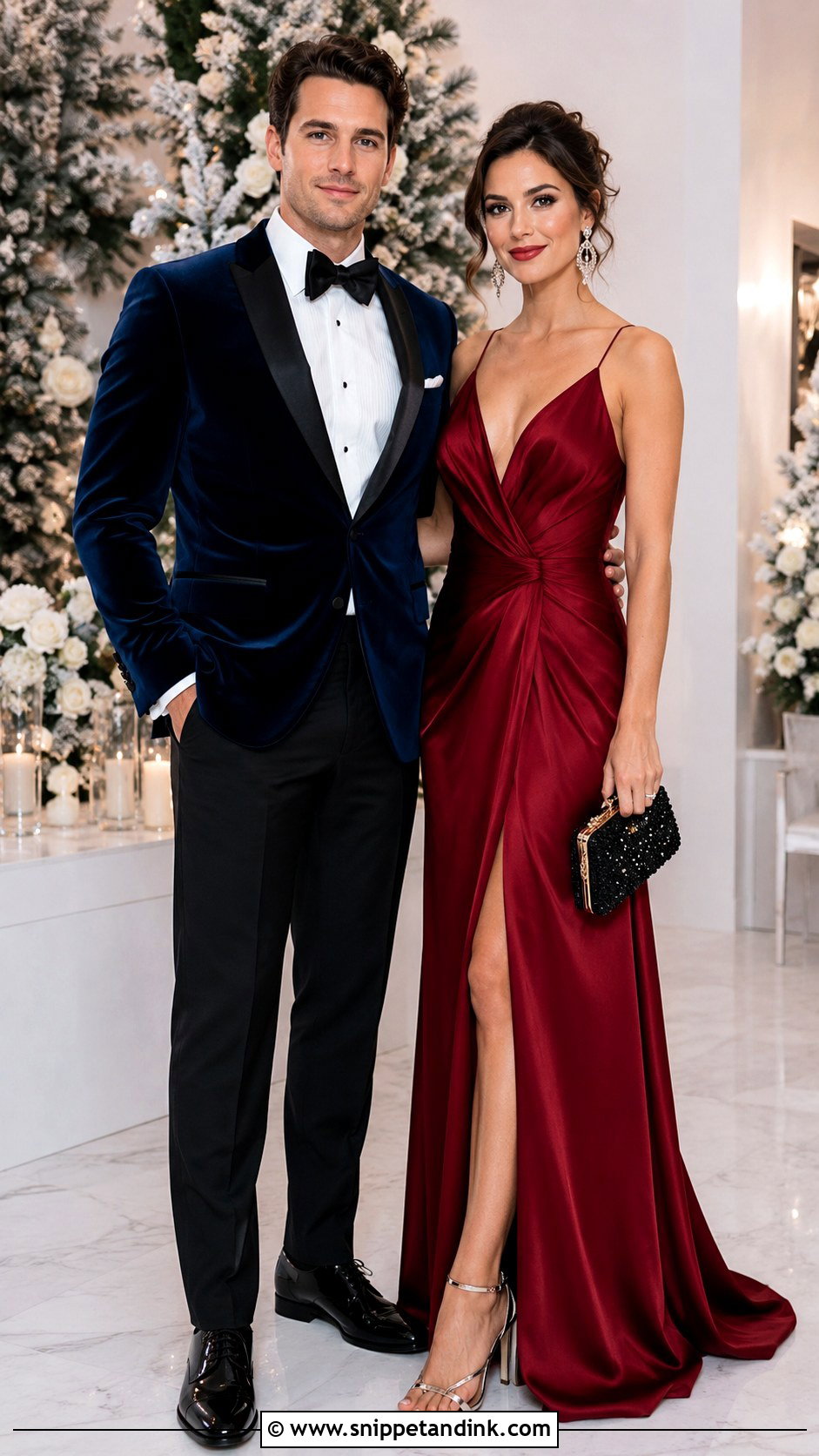 Velvet Dinner Jacket And Jewel Tone Gown Couple Wedding Outfit - Snippet and Ink - 20 Couples Wedding Outfits