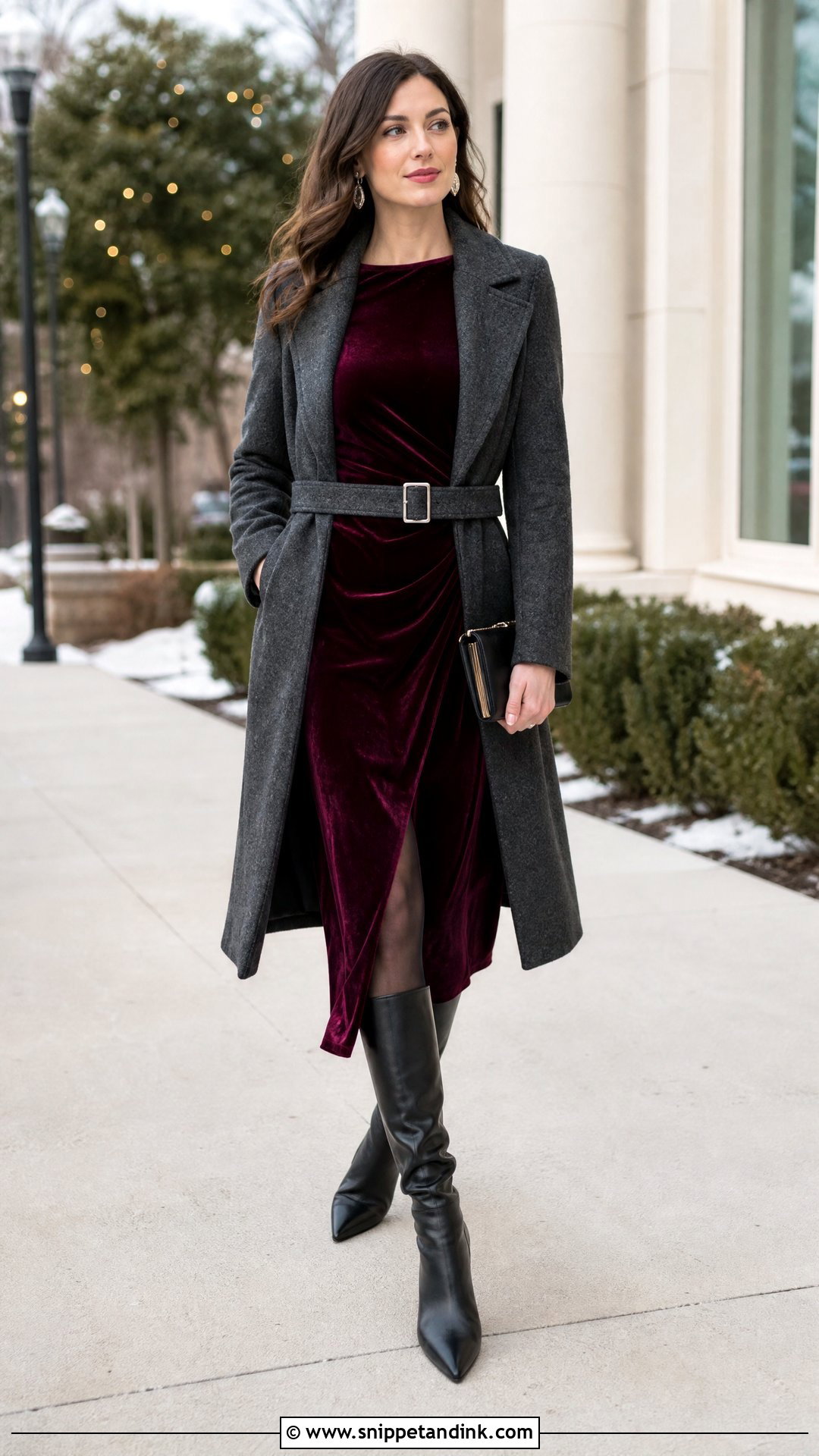 Velvet Dress With Heeled Boots Winter Wedding Outfit - Snippet and Ink - 20 What to Wear to a Wedding in Winter Ideas