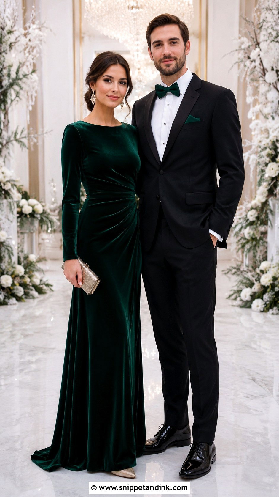 Velvet Gown and Black Tuxedo Couple Wedding Outfit - Snippet and Ink - 20 Couple Dress for Wedding Ideas