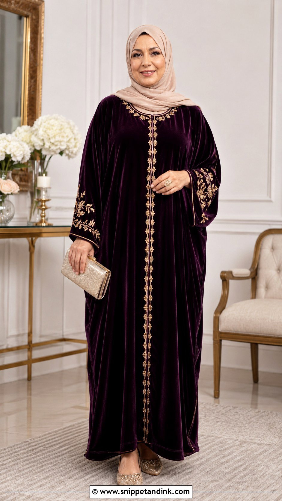 Velvet Kaftan With Draped Hijab - Snippet and Ink - 20 Ied Mubarak Outfit Hijab Ideas