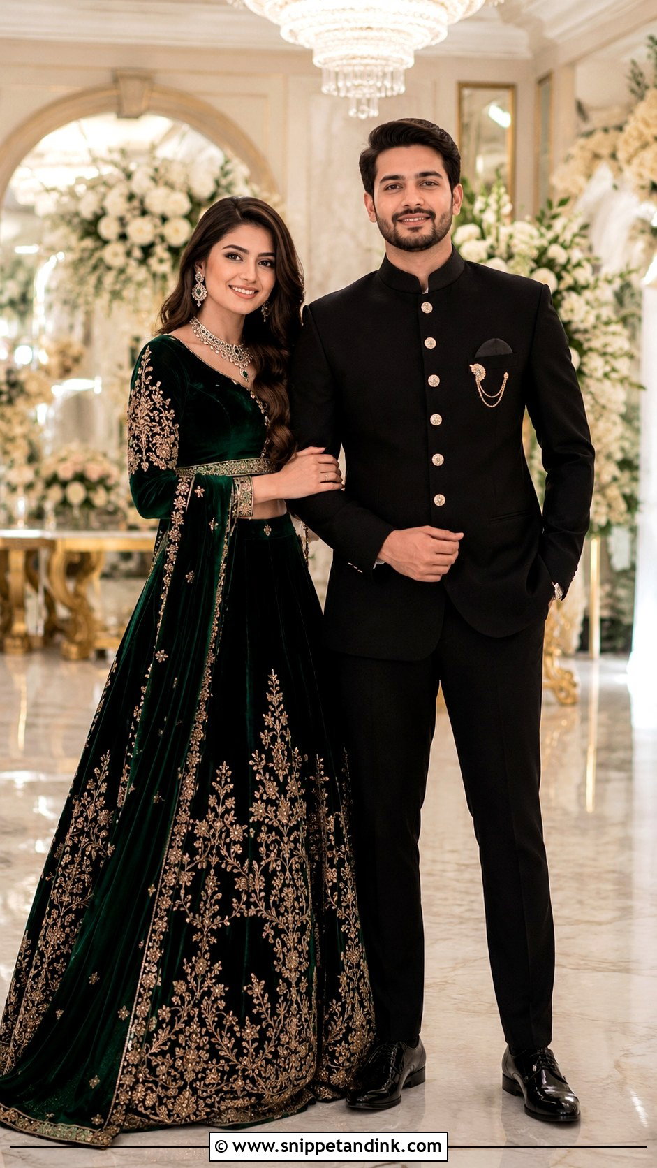 Velvet Lehenga And Black Bandhgala - Snippet and Ink - 25 Indian Couple Ring Ceremony Dress Ideas
