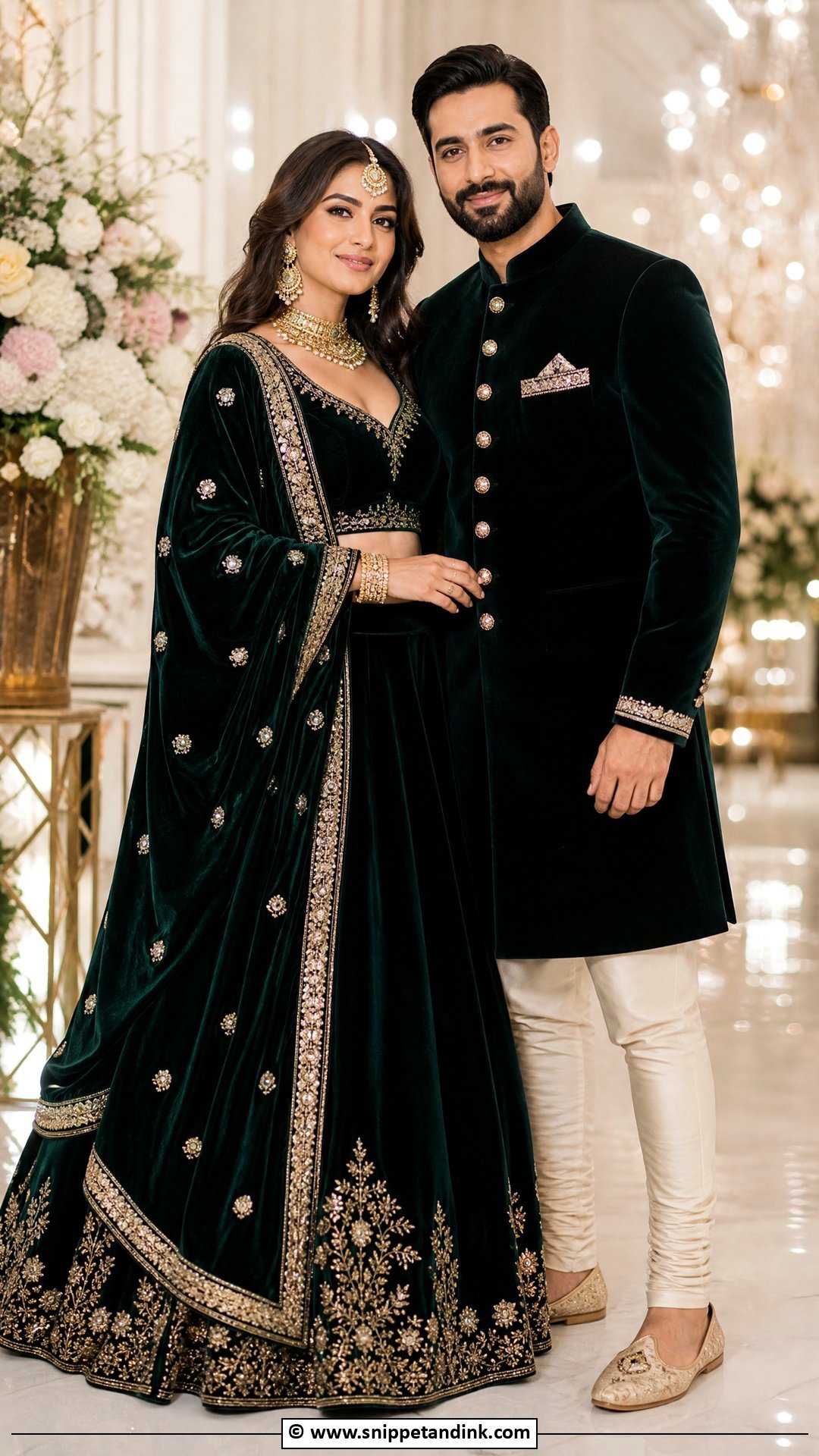 Velvet Lehenga And Velvet Sherwani - Snippet and Ink - 35 Indian Couple Matching Dress Ideas