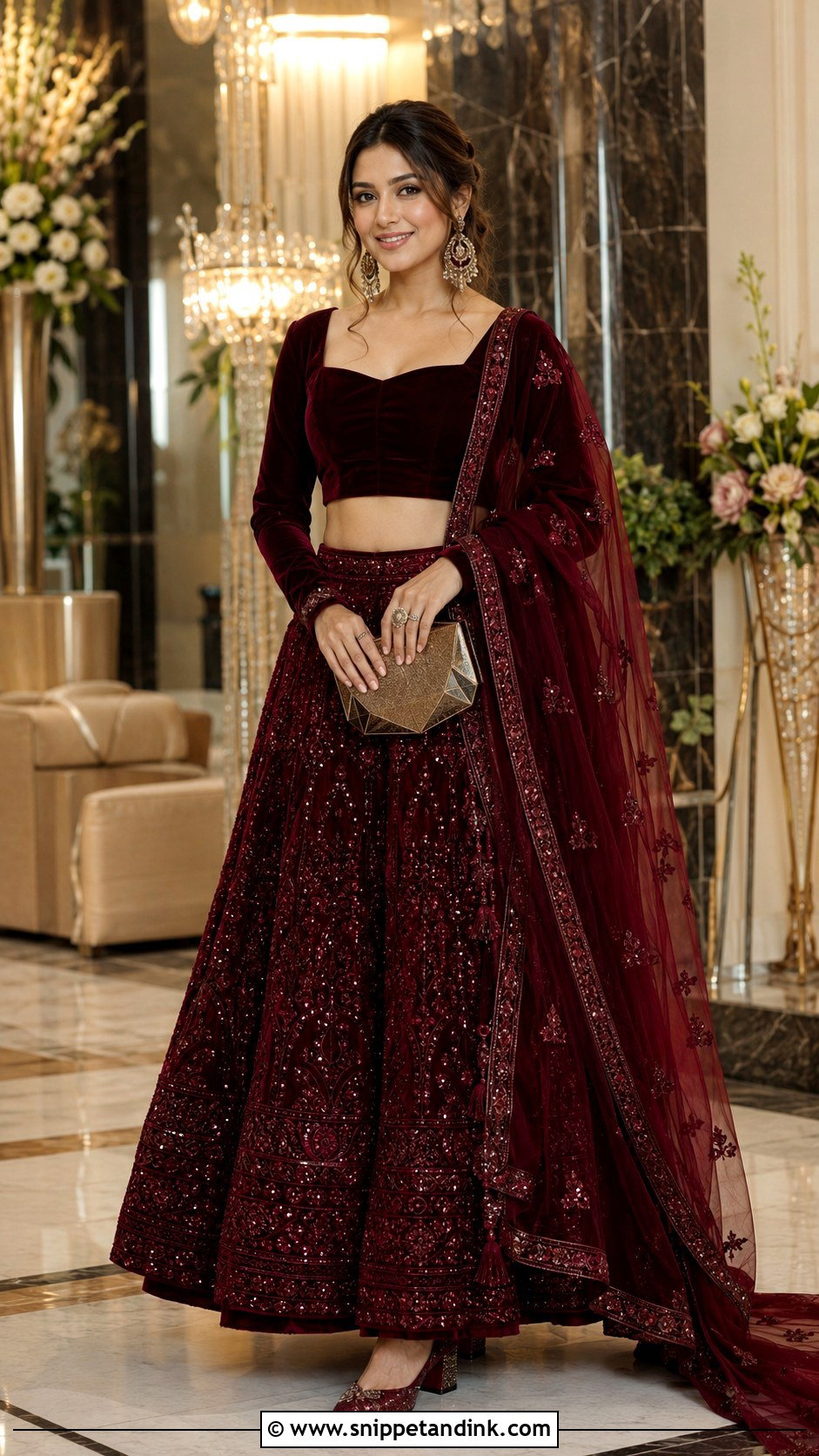 Velvet Lehenga Indian Wedding Outfit - Snippet and Ink - 20 Indian Wedding Party Outfits