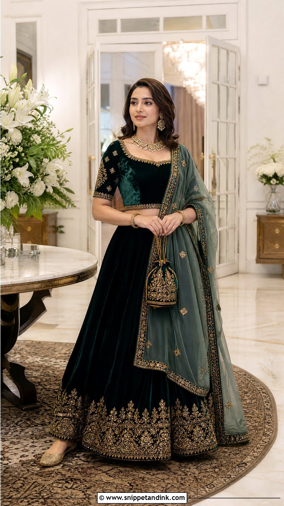 Velvet Lehenga Ring Ceremony Outfit - Snippet and Ink - 20 Ring Ceremony Outfit for Bride Ideas