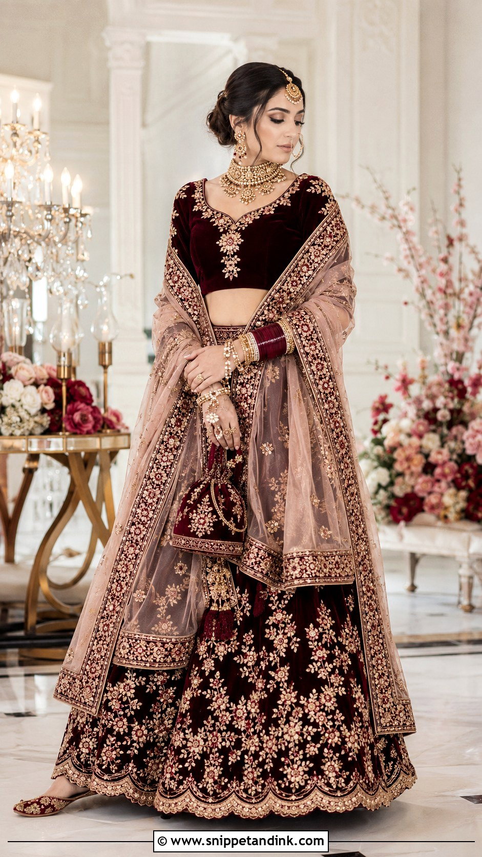 Velvet Lehenga With Shawl Bridal Dupatta - Snippet and Ink - 20 Bridal Dupatta Style Ideas