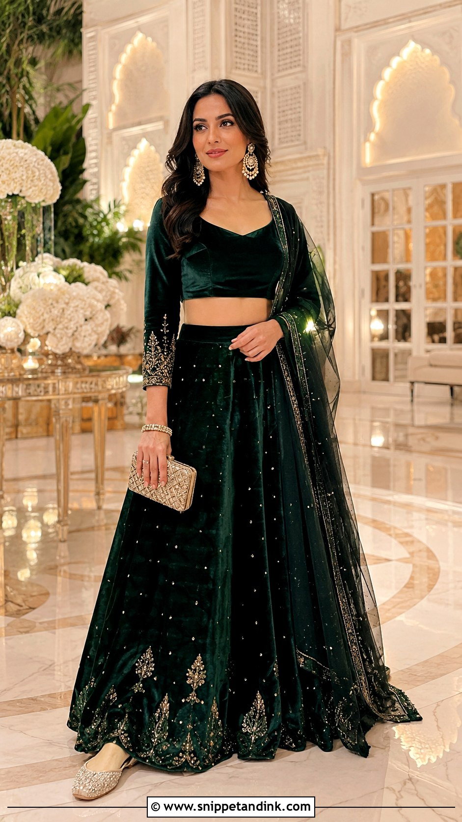 Velvet Lehenga for Evening Wedding - Snippet and Ink - 20 Indian Friend Marriage Outfit Ideas