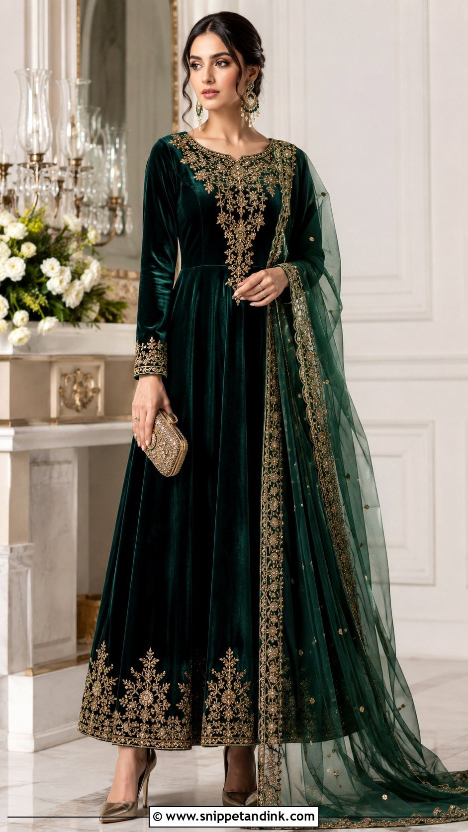 Velvet Long Gown With Dupatta - Snippet and Ink - 20 Long Gown with Dupatta Ideas