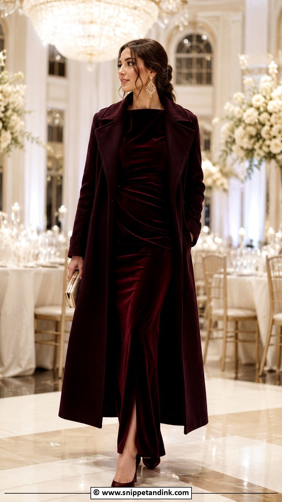 Velvet Maxi Dress With Statement Earrings - Snippet and Ink - 35 Winter Wedding Dress Ideas