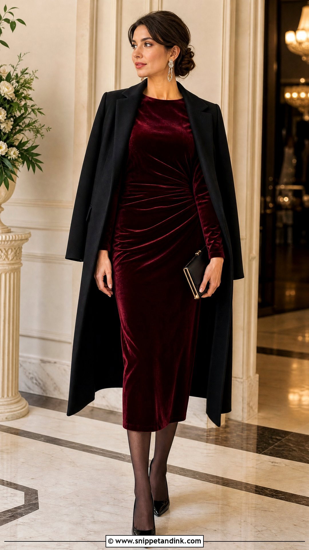 Velvet Midi Dress Winter Wedding Outfit - Snippet and Ink - 20 What to Wear to a Wedding in Winter Ideas