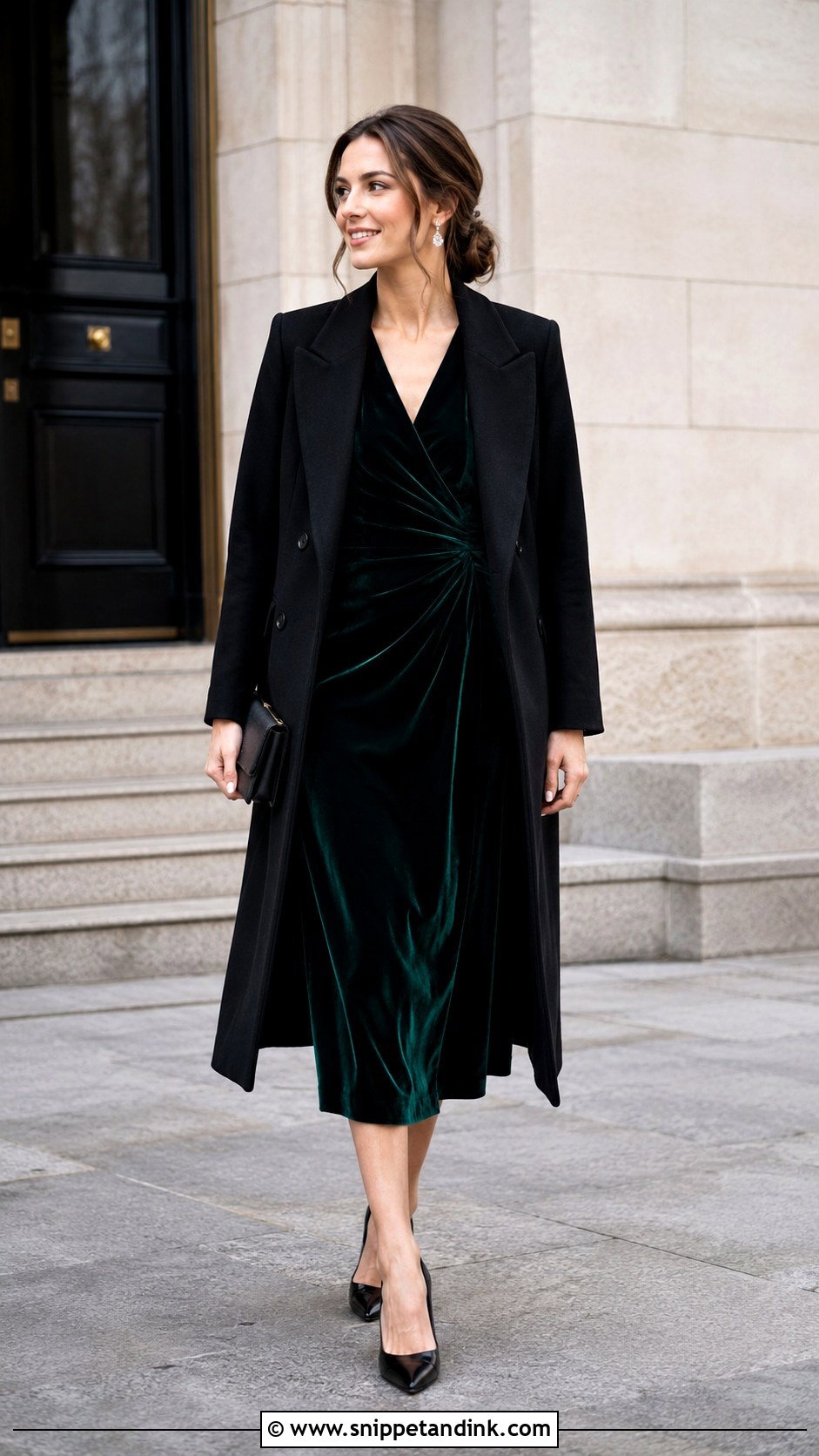 Velvet Midi Dress With Black Coat - Snippet and Ink - 25 Winter Civil Wedding Outfit Ideas