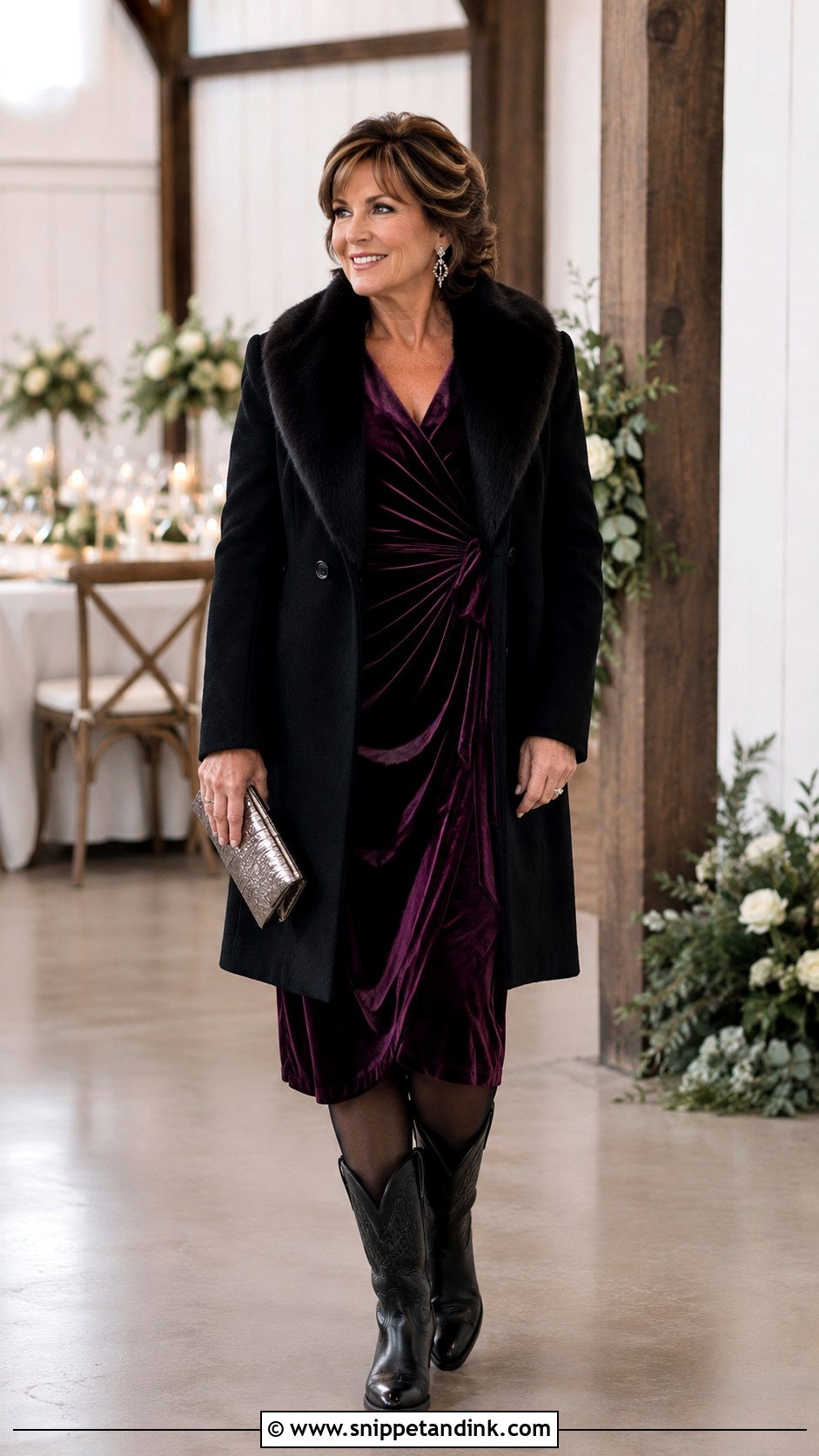 Velvet Midi Dress With Black Cowboy Boots - Snippet and Ink - 20 Cowboy Boots Wedding Outfit Ideas