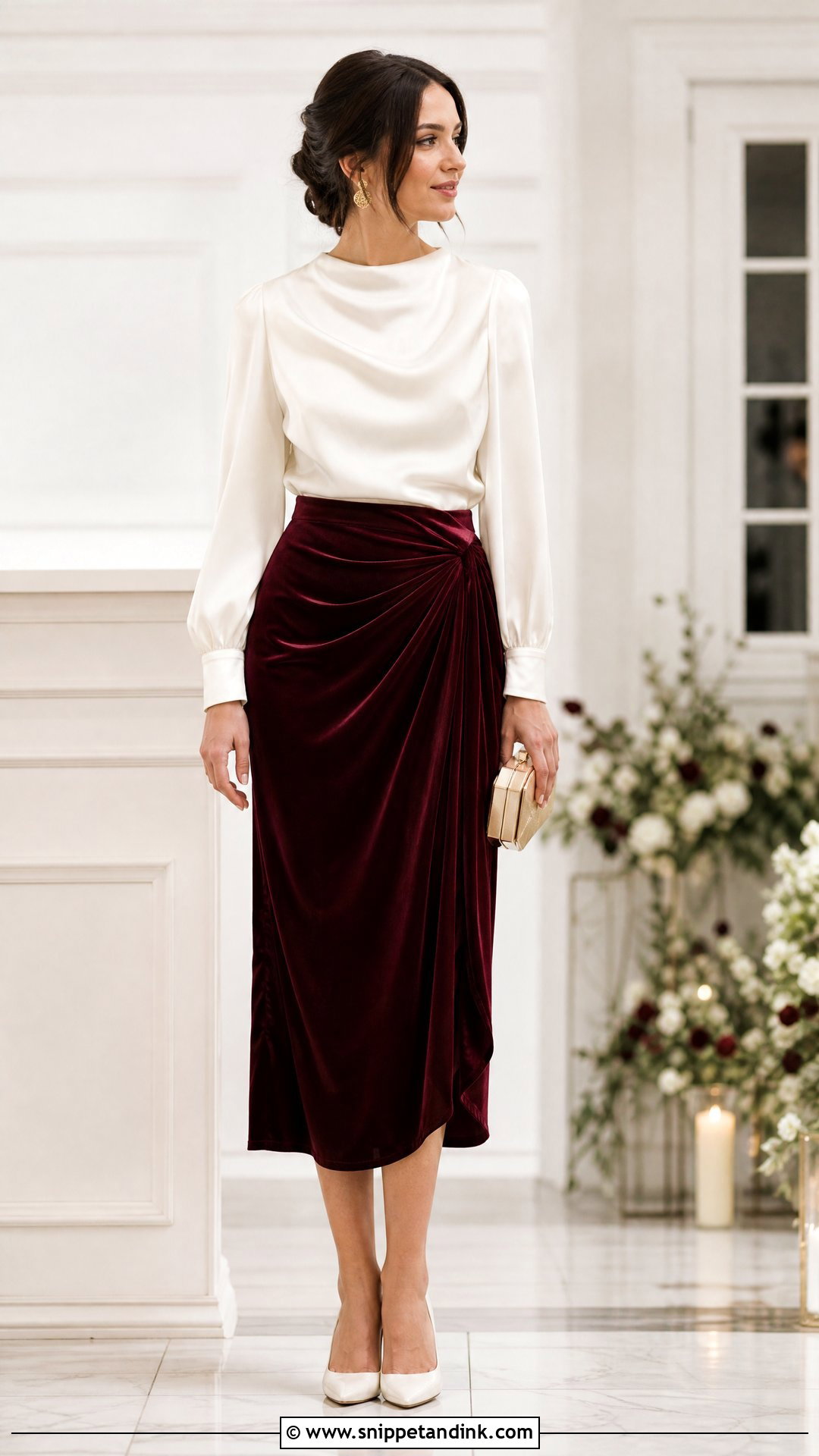 Velvet Midi Skirt and Long Sleeve Top Wedding Outfit - Snippet and Ink - 20 Skirt and Top Outfits for Wedding