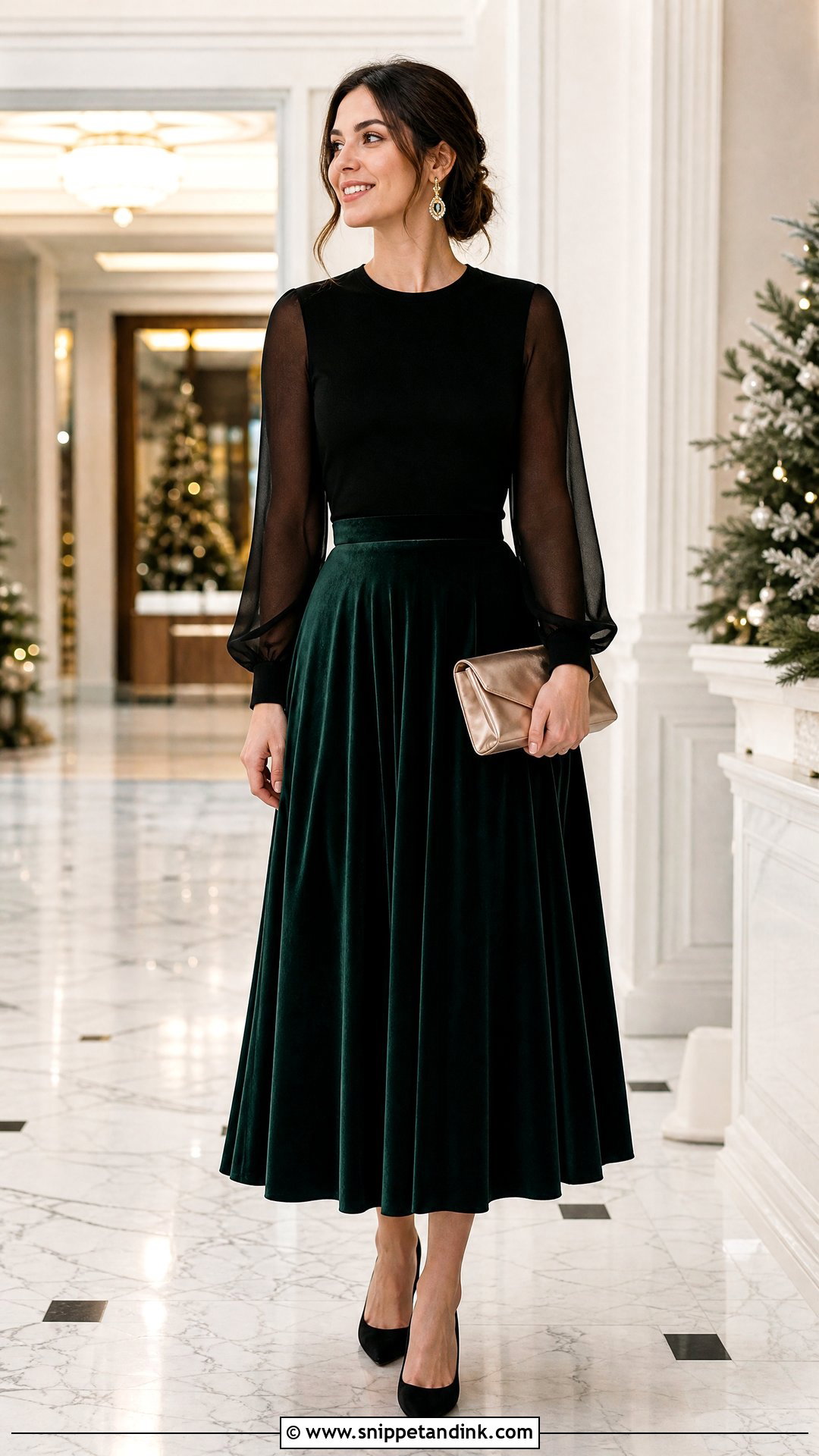 Velvet Midi Skirt and Sheer Sleeve Top Wedding Outfit - Snippet and Ink - 20 Skirt and Top Wedding Outfits