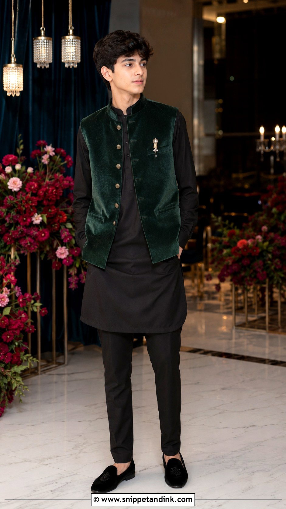 Velvet Nehru Jacket With Black Kurta - Snippet and Ink - 20 Boys Sangeet Outfit Ideas
